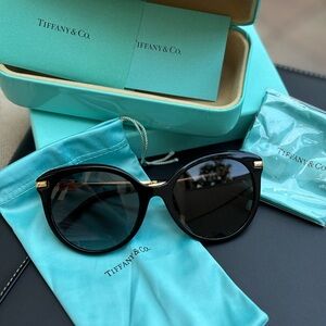 Tiffany & Co. Black CatEye Sunglasses with Gold and Teal Accents
